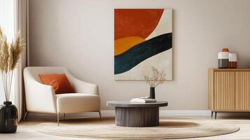 Minimalist Living Room Interior with Armchair, Coffee Table and Abstract Wall Ar photo