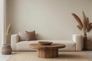 A white couch and a wooden table in front of a window photo
