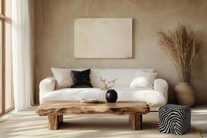 A living room with a white couch and a zebra print rug photo