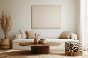 A white living room with a large painting on the wall photo