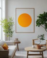 A white living room with a large orange circle on the wall photo