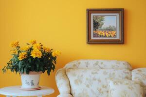 Yellow Wall Interior with Flower Pot, Picture Frame and White Sofa photo