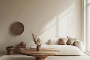 A white living room with a wooden table and a round table photo