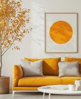 A yellow sofa in front of a white wall with a picture frame photo