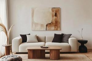 A living room with a white couch and a painting photo