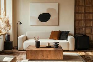A living room with a couch, coffee table, and a painting photo