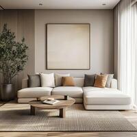 Modern living room with white sofa, wooden floor and large painting photo