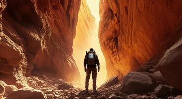 A man in a backpack stands in a canyon photo