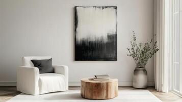 Minimalist Scandinavian Living Room with Armchair, Coffee Table and Abstract Wall Art in Beige Tones photo
