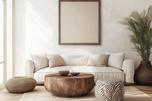 A white living room with a wooden table and a picture frame photo