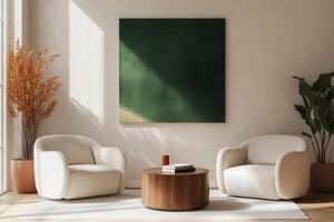 A green painting hangs above a white chair photo