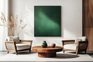 A green painting hangs above a wooden table photo