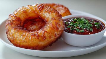 A stack of crispy onion rings served with a side of dipping sauce, garnished with chives and fresh herbs on a white plate photo