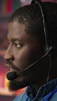 Vertical Closeup of customer support worker conversating with client in live chat, providing solutions. Call center agent assists customers through digital communication channels, answering questions video
