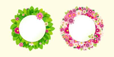 Set of beautiful floral wreaths with flowers and leaves. Green and pink template of round frames. Spring or summer collection. 3D graphic. Label design with white sheet of paper and copy space. vector