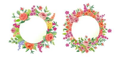 Vintage collection of 3D round frames with empty paper. Cute floral circles with the set of retro style colorful flowers and leaves. Decorated borders. Creative template. Advertising copy space. vector