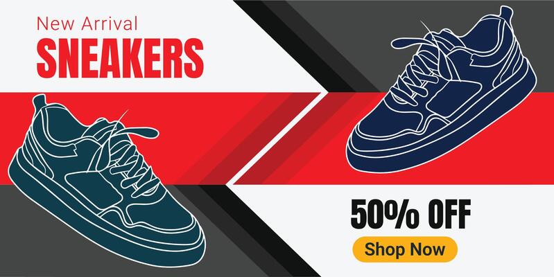 Creative banner for sneaker brand. Sneakers in abstract background. Shoes sale banner for social media post. Shoe on sale slider for e-commerce, websites or social media.