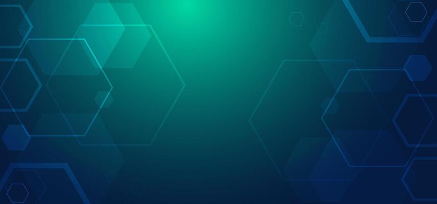 Abstract background featuring overlapping hexagon shapes in green and blue tones. Ideal for tech presentations, data interfaces, and modern digital projects