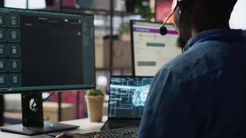 Customer center expert uses AI assistant to generate technical solutions for clients. Call center agent uses artificial intelligence LLM chatbot to provide step by step guidance to customers, camera A video