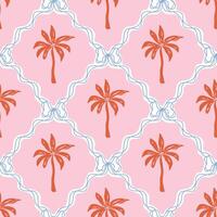 Pink whimsical palm tree seamless pattern decorated coquette bows and ribbon. Summer damask print, tropical beach vibes, cute jungle background. Female geometric rhombus ornament. vector