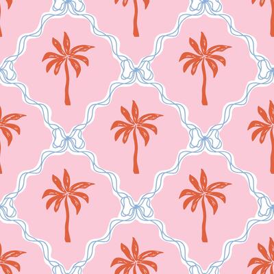Pink whimsical palm tree seamless pattern decorated coquette bows and ribbon. Summer damask print, tropical beach vibes, cute jungle background. Female geometric rhombus ornament.