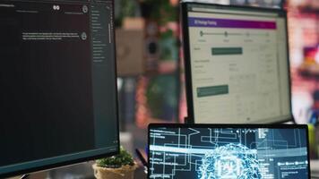 Closeup of call center staff member uses artificial intelligence chatbot to provide support to customers. Customer support operator leverages AI tech on laptop to translate clients interactions video