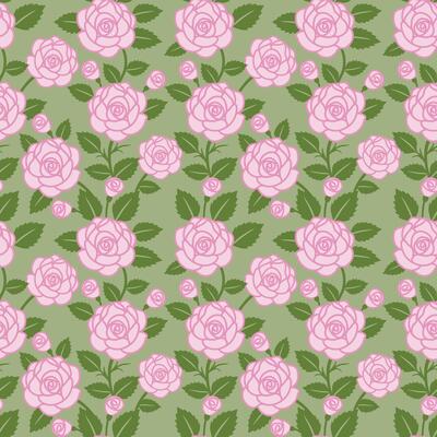 Seamless pattern with pink roses on pale green background. Flower wallpaper. Botanical illustration.