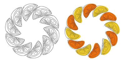 Outline Freehand Lemon Orange slices Yellow Orange Abstract Spots Circular Frames Copy space Set 2. Template. Isolated illustration Thematic Card or web promo banner, leaflet, price tag, poster vector