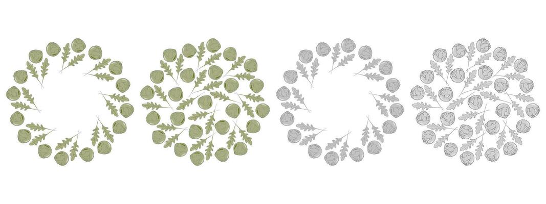 Arugula leaves Brussels sprout heads Circular Frame border Copy space Round Background Texture Set. Isolated illustration Thematic Menu cards Healthy Food poster or web promo banner, leaflets