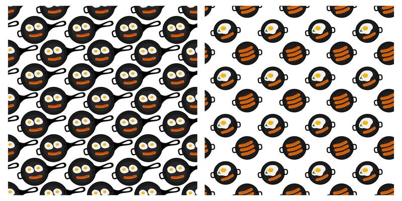 Fried eggs and sausage in pan. Grilled sausages and egg Seamless Pattern Set 2. Top view Isolated illustration Culinary food poster Thematic cards Wallpaper, wrapping idea