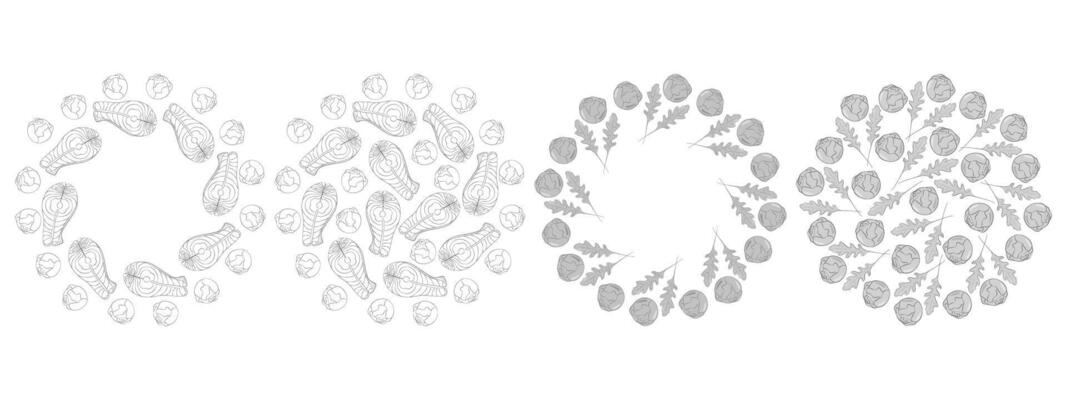 Freehand Salmon steaks and Brussels sprout heads Circular Frame and fill Background Texture Set. Isolated illustration Healthy Eating Day Thematic cards, posts or web promo leaflets, label