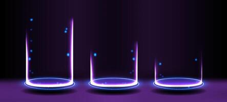Colorful glowing rings of light display in a dark space with floating particles vector