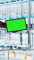 Vertical Smart factory engineer oversees operation of robotic arms and conveyor belts using green screen tablet. Industry 4.0 plant technician monitors system performance using chroma key device, camera A video