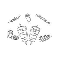 A drawing of various types of food on skewers vector