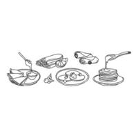 Pancakes, eggs, and fruit on plates in a line drawing vector