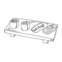 A drawing of a tray with sushi on it vector