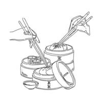 Chinese dim sum food with chopsticks and bowls vector