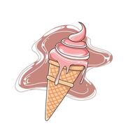 Ice cream in waffle cone with pink swirls vector