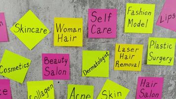 Complicated list of routine task for person in fashion industry. Beauty requires sacrifice. Concept with bright stickers with notes on importance of skin care and cosmetic procedures for beauty video