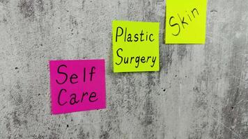 Bright sticky notes with words about taking care of your health. Important reminder on shabby background with words about plastic surgery and skin care. Cosmetology project with simple design video