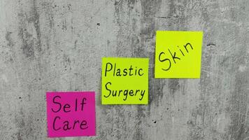 Selfcare, simple reminder on sticky notes with motivational words to control health. Showing the importance of selfcare to avoid skin plastic surgery. Skin concept for cosmetology project video
