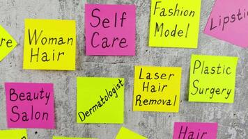 Routine to do list for persons in the fashion industry. Maintaining healthy skin and taking care of your attractive appearance. Beauty requires sacrifice. Sticker note concept video