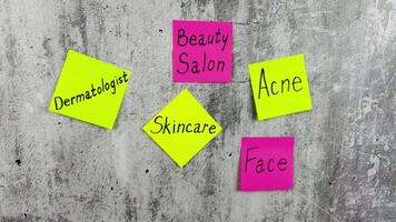 Selfcare memo stickers. Beauty salon trip with all components of cosmetic selfcare. Skin and hair care routine reminder for girl. Conceptual project about importance of taking care of your body video