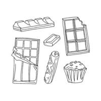 Chocolate bar, cupcake and other items in a line drawing vector