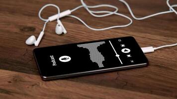 Close-up of a smartphone playing a podcast with earphones placed on a wooden surface, emphasizing digital media and audio entertainment. video