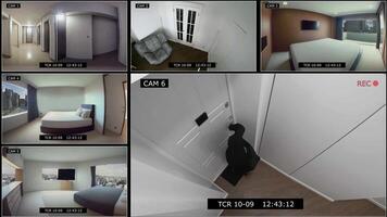 Split screen security camera. monitoring the display of recording from a surveillance camera. video