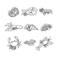 A set of seafood icons in a line drawing style vector