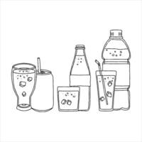 Soda, juice and water bottles in line drawing vector
