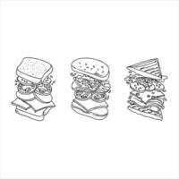 Three different types of sandwiches are shown in a line drawing vector