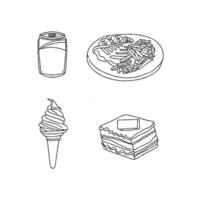 A drawing of food items including a cake, ice cream, and a can vector